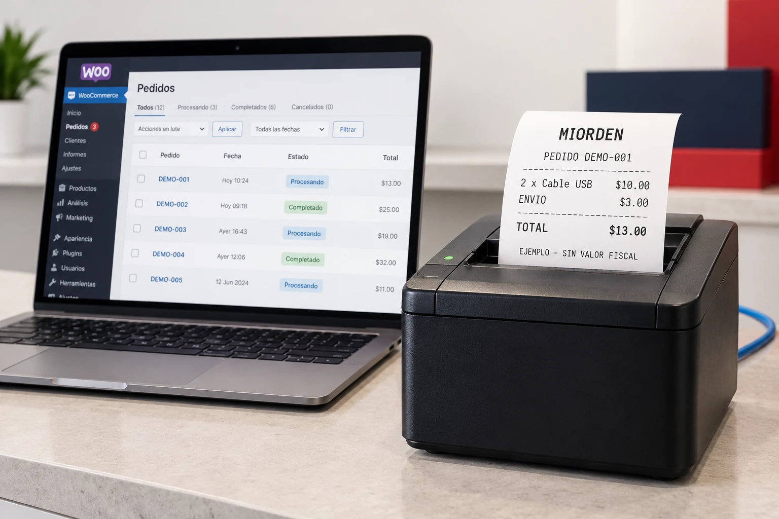 Ejemplo de un pedido WooCommerce que sale como ticket en una impresora térmica de red